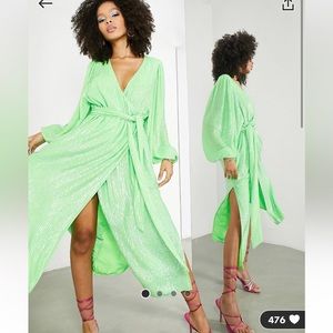 ASOS EDITION crystal sequin wrap midi dress with blouson sleeve in lime green